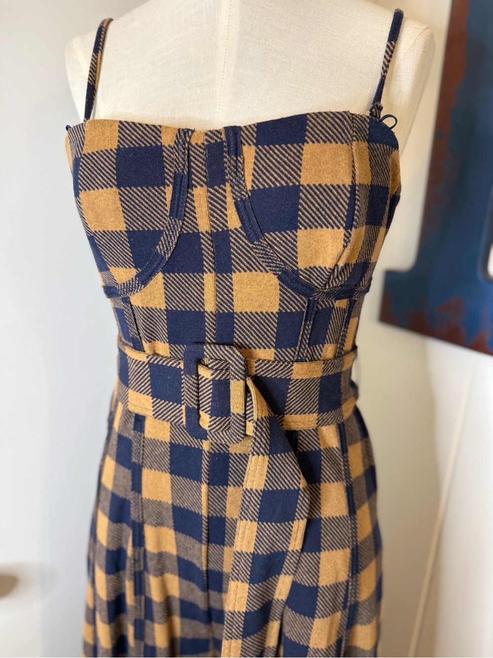 Free People Strapless Plaid Belted jumpsuit in Navy and Tan Sz S NWT
